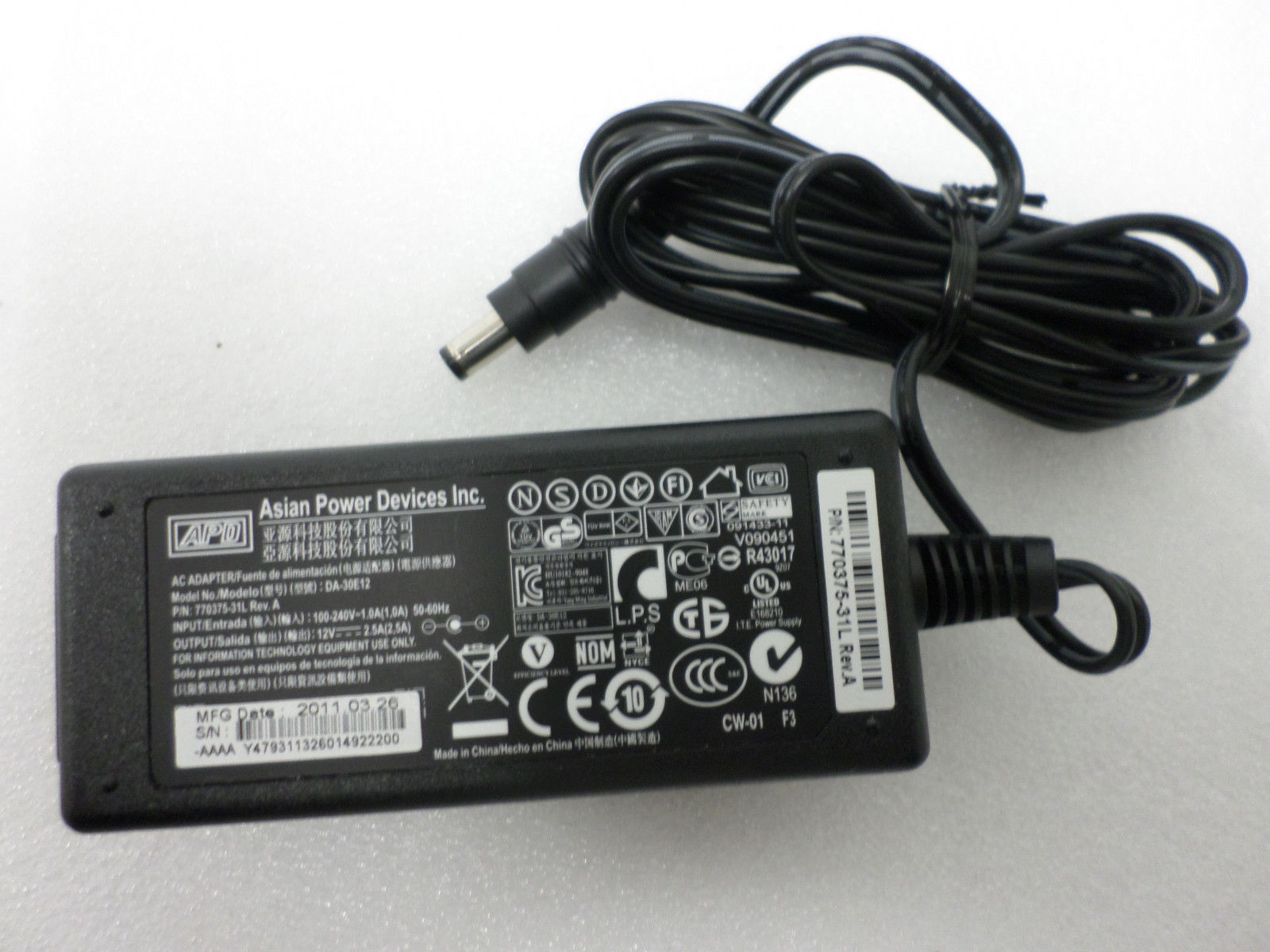 *100% Brand NEW* AC Adapter APD 12V 2.5A 100-240V 1.0A for Model DA-30E12 Power Charger